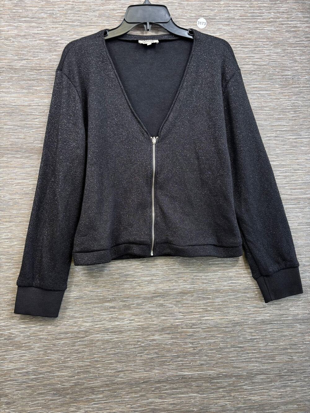 Chevignon Cardigan Sweater Womens L Black Metallic V Neck Full Zip Knit Cropped